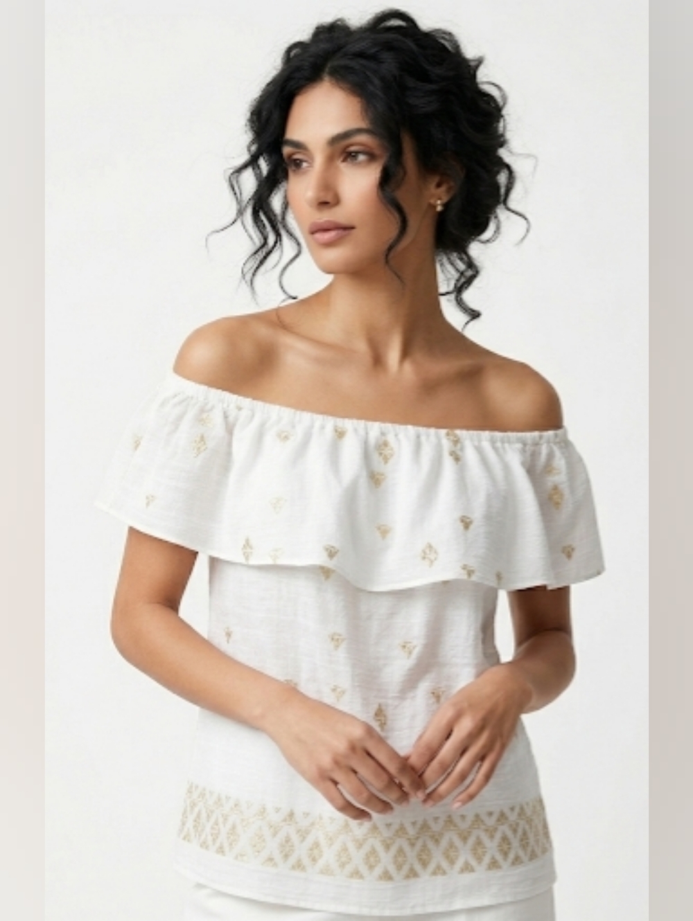 NWOT JM Collection Off Shoulder White Blouse with Gold Accents Size L
